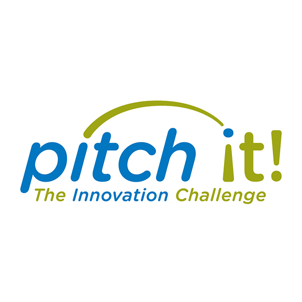 image of the "pitch it" logo, which depicts the phrase "pitch it" with an arc connecting the dots above the i's, followed by text reading "the innovation challenge"