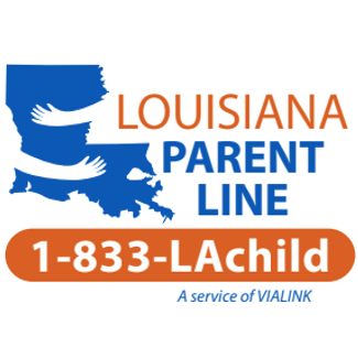 the louisiana parentline logo, featuring the state of louisiana silhouette with arms embracing it and text reading "louisiana parentline: a service of VIA LINK. 1-833-LAchild"